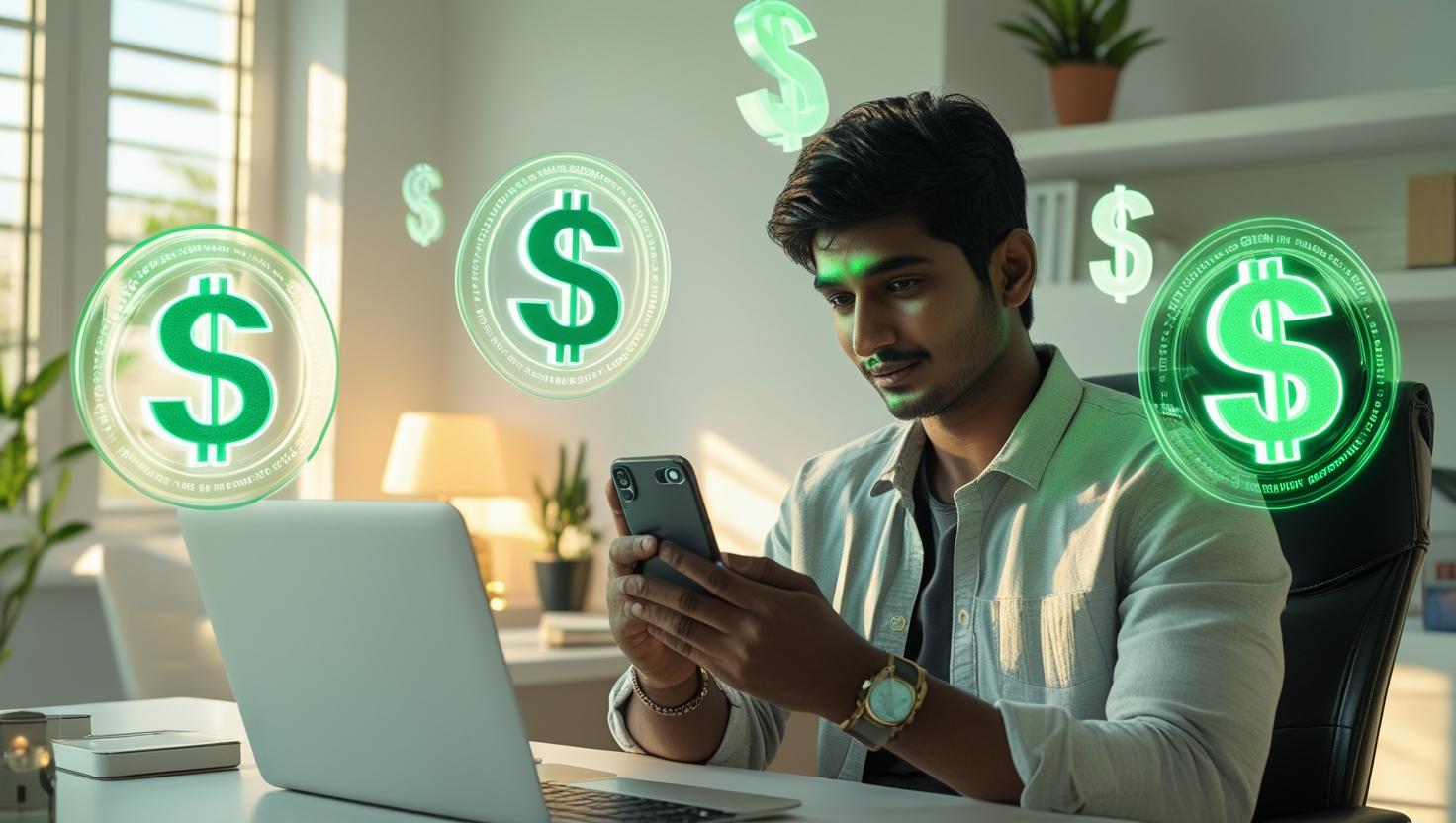Young person using earning apps